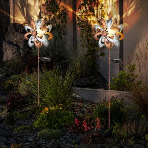 GLOBO Solarleuchte Windrad Solarlampe Erdspieß Gartendeko Solar Gartenstecker gold silber, Metall, LED warmweiß, LxBxH 22x12x92 cm, 2er Set