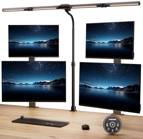 EYOCEAN Schreibtischlampe, 4 Lichtquellen, Teleskopstange mit Einstellbarer Höhe, 24W 100cm Tageslichtlampe Schreibtisch mit Fernbedienung, Dimmbare Monitor Lampe, Schwanenhals Büro Tischlampe