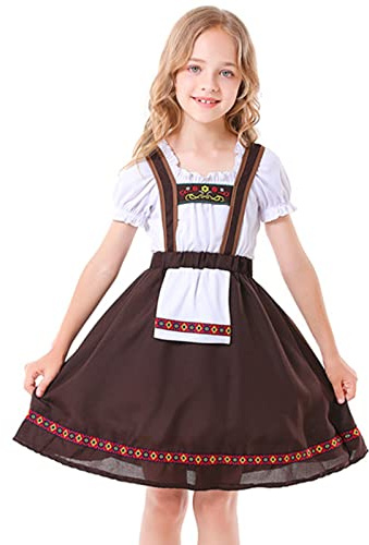 Bkazwe Costume Traditionnel Allemand Fille Dirndl - Jupe pour Oktoberfest - Déguisement Fête Bière, Carnaval, Spectacle Culturel - Enfant 5-9 Ans Halloween Performance pour Théâtre