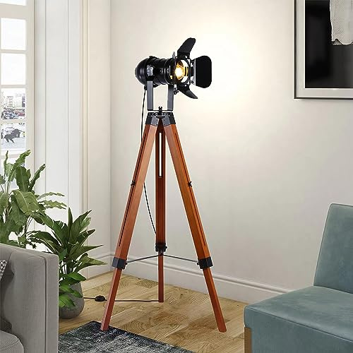 Industrial Floor Lamp for Living Room-Tall Tripod Wood Standing Lighting Black Adjustable Cinema Metal Lampshade Studio Lights E27 Socket Farmhouse Retro Floor Lamps for Bedroom Office Reading