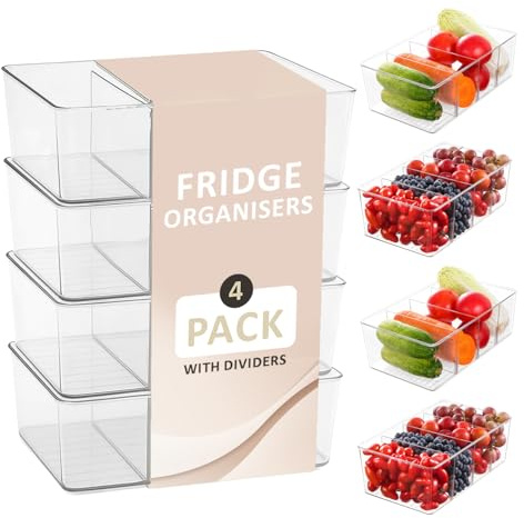 Sortelle 4 x Pack Fridge Organisers with Removable Dividers and Labelling System – Stackable Kitchen Storage & Organisation – Clear Plastic Kitchen Cupboard Organiser or Fridge Storage Containers