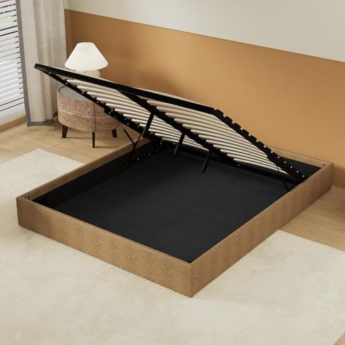 NOVEMBER Lit Coffre, Sommier à Lattes en Bois Flexible, Cadre en Tissu Brun, lit Stable et Solide. Grand Espace de Rangement en Dessous. (Brun, 140 x 190 cm)