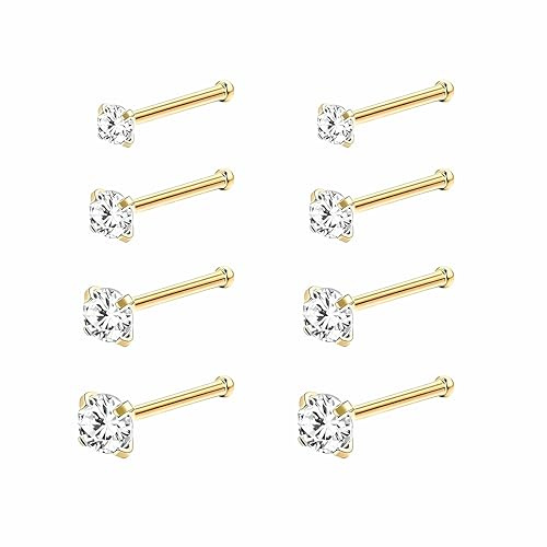 mkemka 8 Stück Nasenpiercing Stecker Goldenen, Nasenstecker Goldenen Set, Zirkonia Gerade Schraube L-Förmiger Nasenstecker 1,5/2/2,5/3 mm