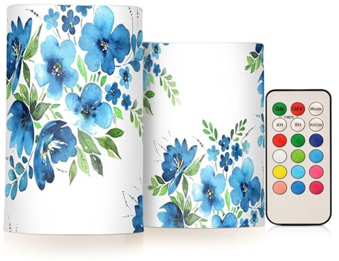 Mnsruu Jolis bouquets de fleurs bleues sans flamme bougies pilier avec minuterie à distance LED à piles bougie à changement de couleur