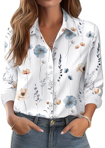 Zeagoo Womens Shirts Long Sleeve Floral Blouses Button Down Stretch Fit | Wrinkle-Resistant | Figure-Flattering | Smart Casual | Floral & Solid