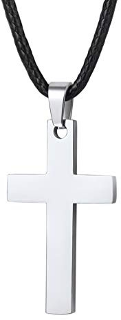 PROSTEEL Collar Hombre Colgante Cruz Plata Acero Inoxidable Plateado Cadena Cuero Cordón Negro 51cm Cierre de Presión Joyas Hombres Mujeres
