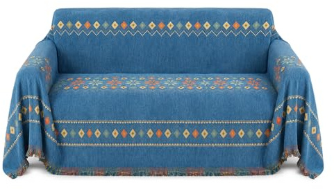 M.J COMFY-LIFE Bohemian Chenille Sofa Throw Large Throw Blanket with Tassels, Soft Reversible Couch Cover & Sofa Protector, Extra Large Decorative Throw (Blue)