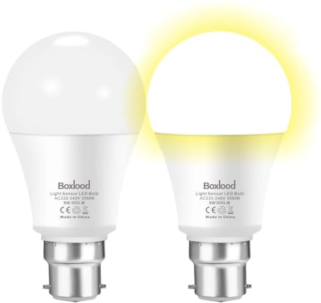 Boxlood Skymning Till Dawn Glödlampor, 3 000 K varm vit, 9 W 60 W ekvivalent, B22 energibesparande glödlampor, för gård veranda uteplats trädgård, 2-pack