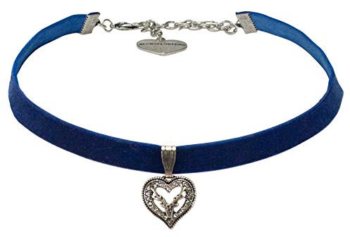 Alpenflüstern Trachten-Samt-Kropfband Strassherz Hirsch - nostalgische Trachtenkette enganliegend, Kropfkette elastisch, Damen-Trachtenschmuck, Samtkropfband schmal blau DHK263
