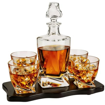 Ember Japanese Crystal Whisky Decanter Set with 4 Tumbler Glasses, Lead-Free Liquor Carafe & 10oz Rocks Glasses - Scotch Bourbon, Spirits & Wood Base Elegant Barware Gift for Men, Japan Design Gifts