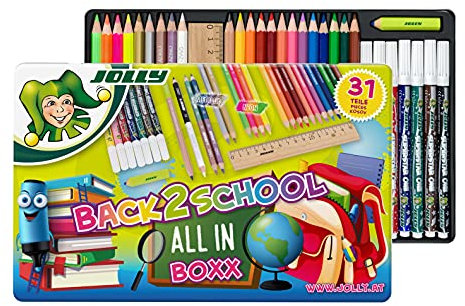 JOLLY Back to School Box, Schulstarterset mit 31 Teilen inkl. Buntstifte, Fasermaler, Graphitstifte, Lineal & Radiergummi – Der Perfekte Start in das Neue Schuljahr, Made in Austria
