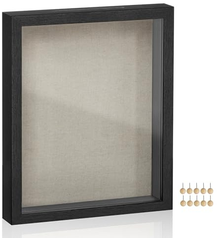 SONGMICS 8x10 Shadow Box Frame, Top Loading Display Case Frame , Glass Front with Top Slot and Push Pins, Linen Fabric Backing for DIY Craft, Gift Idea, Black URPF007B01