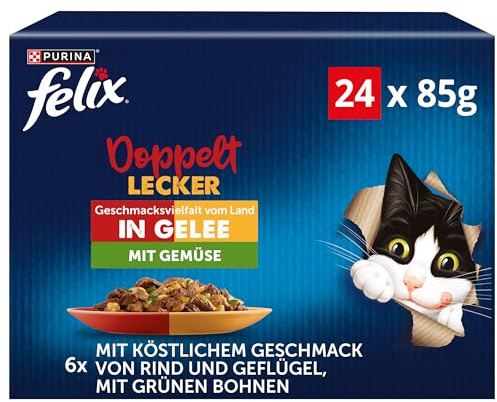 Felix Comida para Gatos Doble Deliciosa húmeda en gelatina, Mezcla de variedades, 4 Unidades (4 x 24 Bolsas de 85 g)
