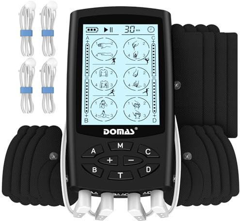 DOMAS TENS Unit with 4 Channel Outputs, TENS EMS Unit Muscle Stimulator for Back Pain Relief, Portable & Rechargeable Nursing Machine Device with 24 Modes Electronic Pulse Massager & 16 Pads