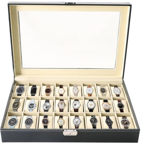 MAOPINER 24 Slot Watch Box, Premium Watch Case with Glass Display Lid, Watch Storage Organizer, Portable Wristwatch Display Case & Travel Watch Case with Removable Pillows