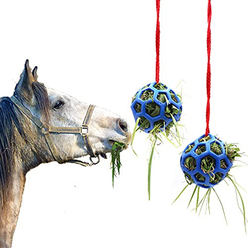 Besimple 2 Pack Horse Treat Ball Hay Feeder Toy, Goat Feeder Ball Hanging Feeding Toy for Horse Goat Sheep Relieve Stress