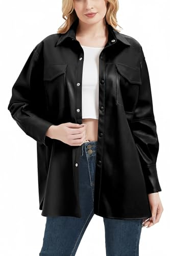 RISISSIDA Women Faux Leather Shacket Jacket Spring Fall Vegan Pleather Casual Lapel Button Down Long Sleeve Shirts,Black,XL
