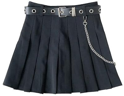XKUN Rock Black Faltenrock Mit Kettengürtel Punk Rockmädchen Cheerleading Gürtelter Minirock-Black,L