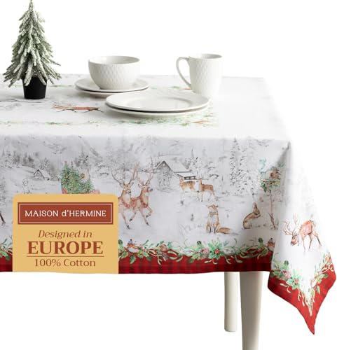 Maison d'Hermine Tischdecke, Rechteckig, 100% Baumwolle (180 cm x 140 cm) | Wiederverwendbar, für den täglichen Gebrauch, zum Essen, für Partys Thanksgiving und Weihnachten - Christmas Tradition