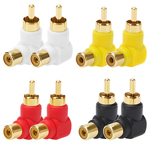 KUOQIY 8 Pezzi Adattatore ad Angolo Retto RCA Placcato Oro, 90 Gradi RCA-Maschio a Femmina Adattatori, per Audio Stereo o Video AV, 2 Rossi + 2 Neri + 2 Bianchi + 2 Gialli