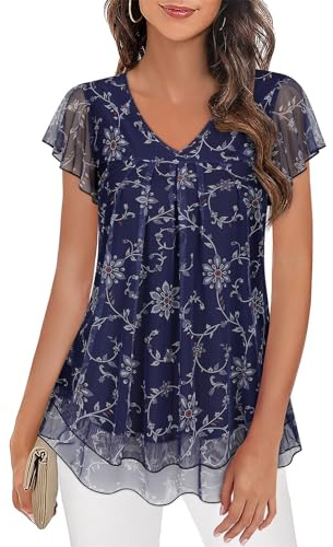 Syphiby Long Tops to Wear with Leggings, Summer Tunic for Women Plus Size Clothing for Womens Short Sleeve Blouses Flowy Shirt Dressy Casual Top Mesh Blouses for Women Work, Navy Blue-3XL