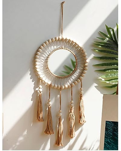 Tiamu Handgefertigter Rund Schminkspiegel, Boho Rustikaler Wandspiegel mit Holzperlenkante, Wandspiegel Boho für Wohnzimmerr, Schlafzimmer, Badezimmer, Flur & Bauernhaus Stil