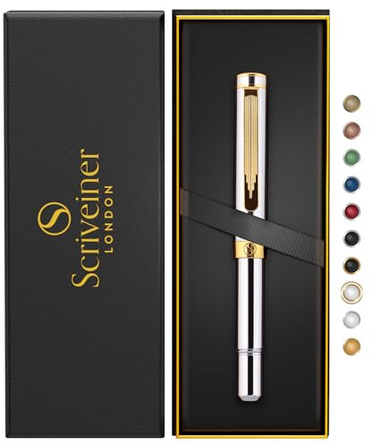 Scriveiner Silber Chrom Kugelschreiber EDC Luxus Stift, beeindruckender Taschenfüller mit Echtvergoldung, Bestes Stift Geschenk für Mann & Frau, Deutsche Schmidt Mine, Schönes Büro Designer Stift Set
