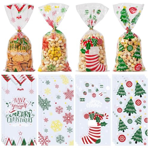 120 Stück Weihnachts-Cellophantüten, Plätzchentüten Weihnachten, Kekstüten, Weihnachtstüten Zum Befüllen, Süßigkeitentüten mit 120 Stück Twist Krawatten(4 Stilen)