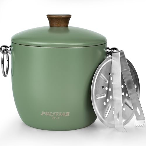 Poliviar Edelstahl Eiswürfelbehälter, 2,5 L Doppelwandiger Eisbehälter, Eiswürfelbehälter mit Deckel u. Zange, Eiseimer für kalte Getränke, Premium Eiskühler Perfekt für Bier, Sekt, Wein (Grun)