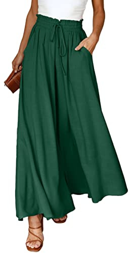 Dokotoo Wide Leg Pants for Women Ladies 2026 Spring Summer Loose Casual High Drawstring Waist Wedding Guest Palazzo Pants Stylish Jogging Jogger with Side Pockets Forest Green S