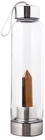 Queemie Naturel Tigre Oeil Cristal Eau Bouteille, Acier Inox Verre Marron Quartz Pierre Précieuse Obélisque Baguette Énergie Coupe Sport Tasse pour Guérison Bien-être 550ml