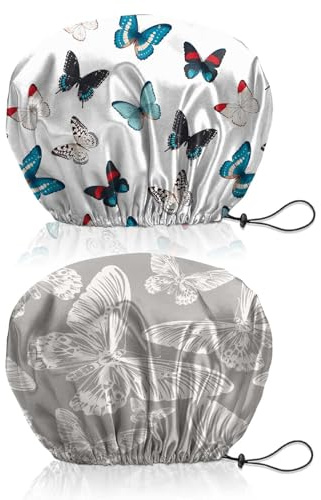 BHAHB 2 Stück Duschhaube, Doppelschicht Wasserdicht Elastisch Einstellbar shower cap wiederverwendbar,ästhetisch,niedlich Duschhaube für Damen (V1-Schmetterling)