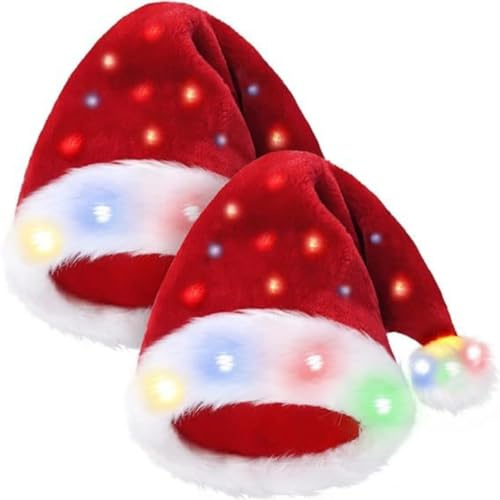 Weihnachtsmütze für Erwachsene, beleuchtet, mit Pompons, weicher Plüsch, Weihnachtsmütze mit bunten Lichtern, für Herren und Damen, Wintermütze für den ganzen Kopf, Rot, Einheitsgröße, 2 Stück
