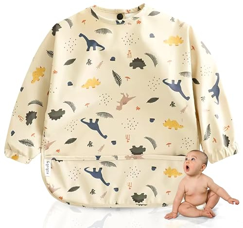 NAIZONE Baberos Bebe Impermeables con Mangas - Babero con Mangas Impermeable 12 Meses o Más | BLW - Babero Bebe Impermeable Con Bolsillo - Babero Bebe Manga larga | Lavable a Máquina - Durabilidad