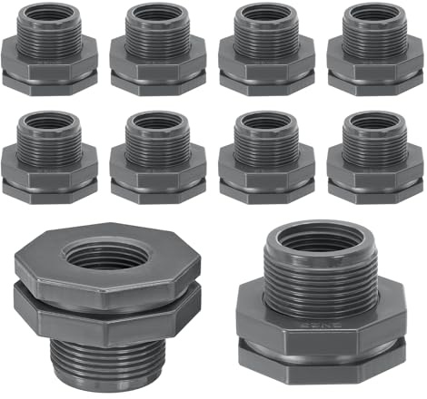 PATIKIL Raccordo Paratia in PVC 1 Femmina, 10pz Doppio Raccordo Filettato Connettore Serbatoi d'Acqua con Guarnizione in Silicone per Secchio Pioggia, Lavandini, Acquari, Grigio