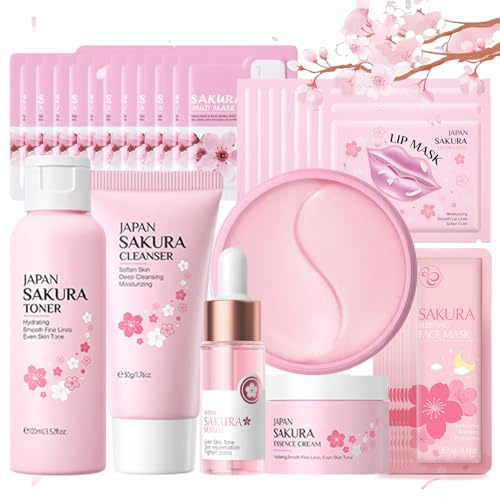 Hudvårdsset för tonårsflickor, Japan Sakura Skincare Set, anti-aging ansiktsvård set, daglig hudvård set kvinnor – rengöring toner serum kräm ögonmask ansiktsmask läppmask