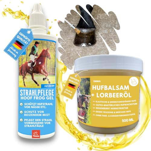 EMMA Huffett Pferd mit Lorbeeröl + Strahlpflege 120ml 0,5l | Hufbalsam & Hufpflege | Schutz vor Strahlfäule | Huffestiger für trockene, rissige Hufe | Huföl Alternative für Starke Hufe