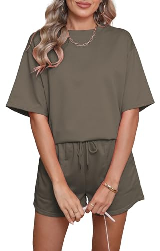Famulily Women Loungewear Set Two Piece Summer Outfits Plain Short Sleeve Loose Leisure Suit with Drawstring Coffee XL