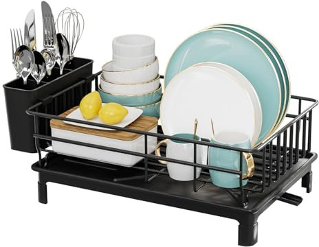 NEXROLA Escurridor de Platos, Escurreplatos de Acero Inoxidable con Drenaje Automático,Escurreplatos sobre Fregadero con Drenaje Giratoria 360º,Negro Dish Drying Rack