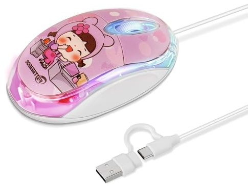 Souris filaire, 1000 DPI optique USB-C & USB-A Port 2 en 1, 7 couleurs de respiration LED, clic silencieux, Plug & Play, compatible avec MacBook/iMac/Windows/Android/iOS/Chrome, câble de 150 cm (rose)
