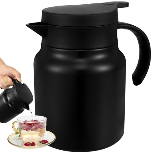 1L Thermal Carafe Pot, Stainless Steel Large Capacity Insulated Water Pitcher with Detachable Tea Strainer Leak-Proof Vacuum Insulated Carafe for Coffee Tea Hot or Cold Drinks(Black)