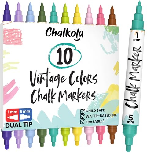 Chalkola 10 Vintage Kreidestifte für Tafel Abwaschbar, Doppelspitze Bunt | 1mm+5mm Feine & Breite Spitze, Kreidemarker Abwischbar, Fensterstifte Abwaschbar, Glasstift, Chalk Marker, Fenstermalstifte