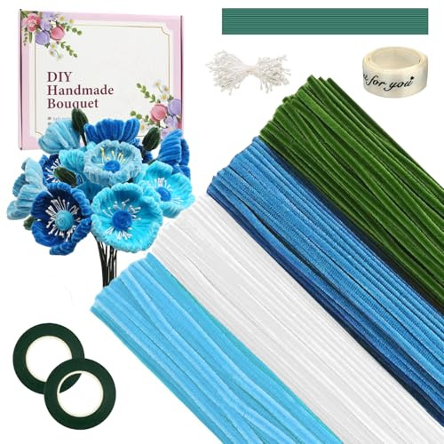 E·Durable Pfeifenputzer Zum Basteln 400 Stück, 4 Verschiedene Pfeifenreiniger Blumen Set mit Geschenkband, Klebebandrollen, Blumendraht, für Kreative DIY-Projekte, Geschenke und Dekorationen (Blau)