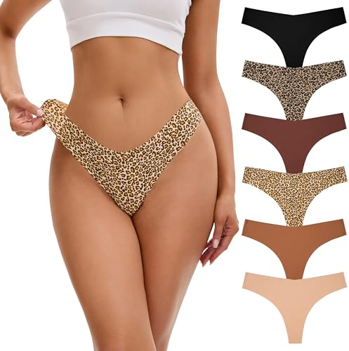INNERSY Stringtrosa dam sömlösa sexiga sömlösa trosor tunna sömlösa underkläder 6-pack, 2 leopard/4 enfärgade, L
