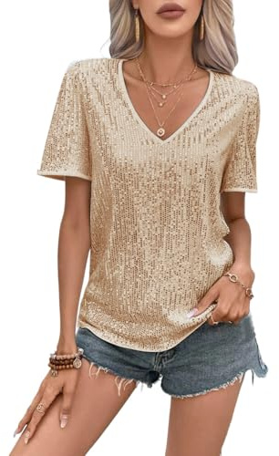 MINTLIMIT Damen Pailletten Oberteil Kurzarm Glitzer Shirt V-Ausschnitt Bluse Party Cocktail Oberteile