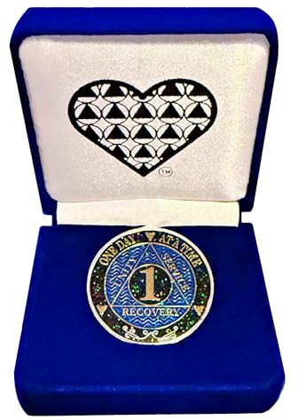AA 1-Year Sobriety Coin with Glitter Enamel – Fancy Velvet Gift Box – 1 Year Recovery Medallion for Alcoholics Anonymous – Unique Heart Box Design – Clean Time Chip for Anniversary Gift