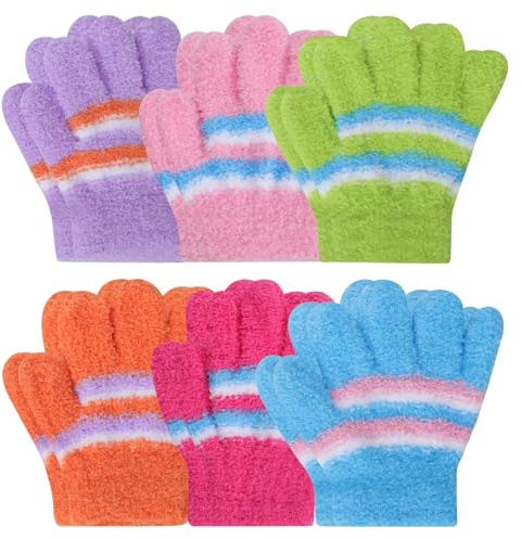Fjquamitix 6 Pairs Kids Winter Gloves, Plush Colorful Striped Knit Glove, Thermal Stretchy Full Fingers Magic Gloves for Boys Girls (Colorful, 1-3 years)
