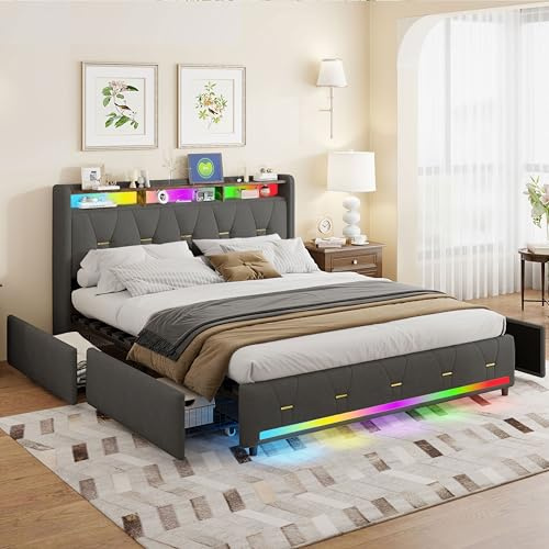 XMETPR Cama Doble Tapizada Gris 140x200cm, con LED, Marco Funcional 4 cajones, cabecero de Almacenamiento, Carga Type-C/USB, Listones de Madera y Tejido de Lino.
