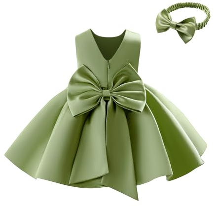 Miipat Abitini per Bambina Raso Abito da Fiorella Matrimonio, Nodo a Fiocco Schiena a V Principessa Formale Vestito Compleanno Abiti Bambine Abito da Battesimo per Ragazze(Verde, 6-12 Mesi)