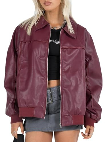 Barley Direct Women Oversized Leather Jacket Zip Up Motorcycle Bomber Coats Faux Pu Leather Moto Jacket Trendy Fall Winter Outwear(Burgundy,Medium)